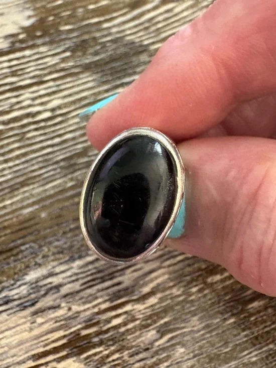Vintage Sterling Silver Cabochon Onyx and Multi-Stone Inlay Ring. SZ 6.75 - Picture 4 of 17